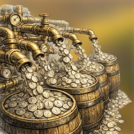 Peníze sypájící se do barelů